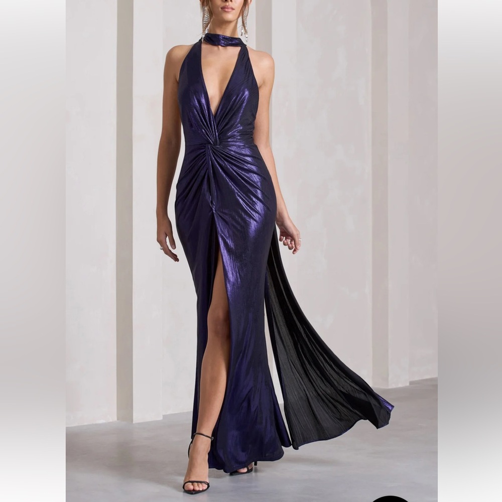 Club L 
PURPLE METALLIC HALTER-NECK CUT-OUT SPLIT MAXI DRESS WITH DRAPE